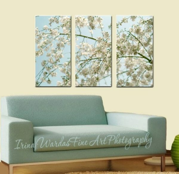 White Cherry Blossom Wall Art | 3 Piece Set | Large Canvas Art