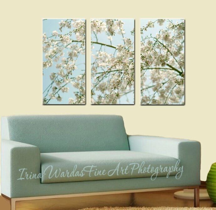 White Cherry Blossom Tree Wall Art | 3 Piece Set | Large Canvas Wall Art