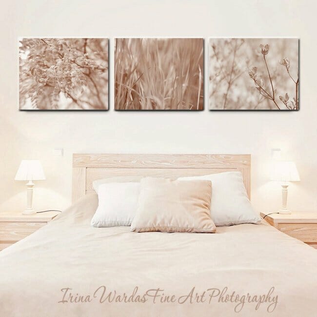 Tan Beige Nature Canvas Wall Art Set of 3 | Branches | Grass | Flowers