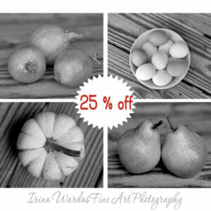 Black And White Fruit And Vegetable Wall Art | 4 Piece Set | Rustic Kitchen Wall Art