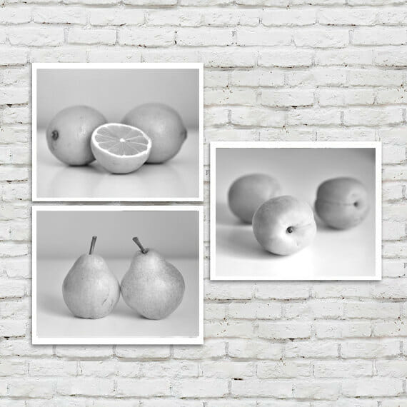 Black and White Fruit Wall Decor | Kitchen Wall Art Set of 3