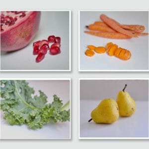 Still Life Kitchen Food Wall Art | Carrots | Kale | Pomegranate | Pears